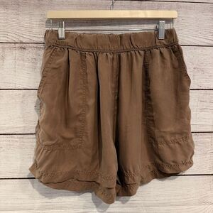 Unsubscribed Silk Paperbag Waist Shorts Brown Pull On Relaxed Fit Pocketed